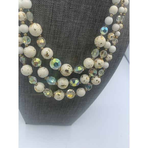 Vtg Coro Triple Strand White Gold Beaded Necklace Aurora Borealis Statement - Picture 4 of 8